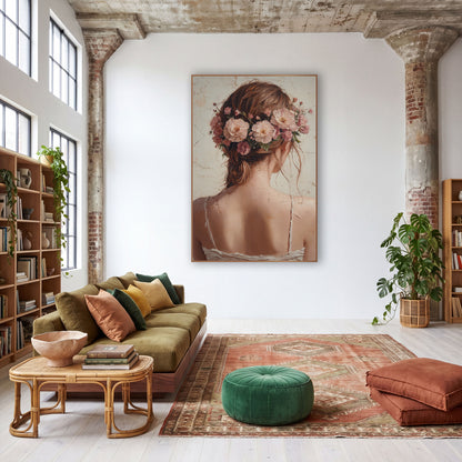 Woman With Blossom Crown Boho wall art in a warm boho-style room – woman seen from behind with pink and peach flowers