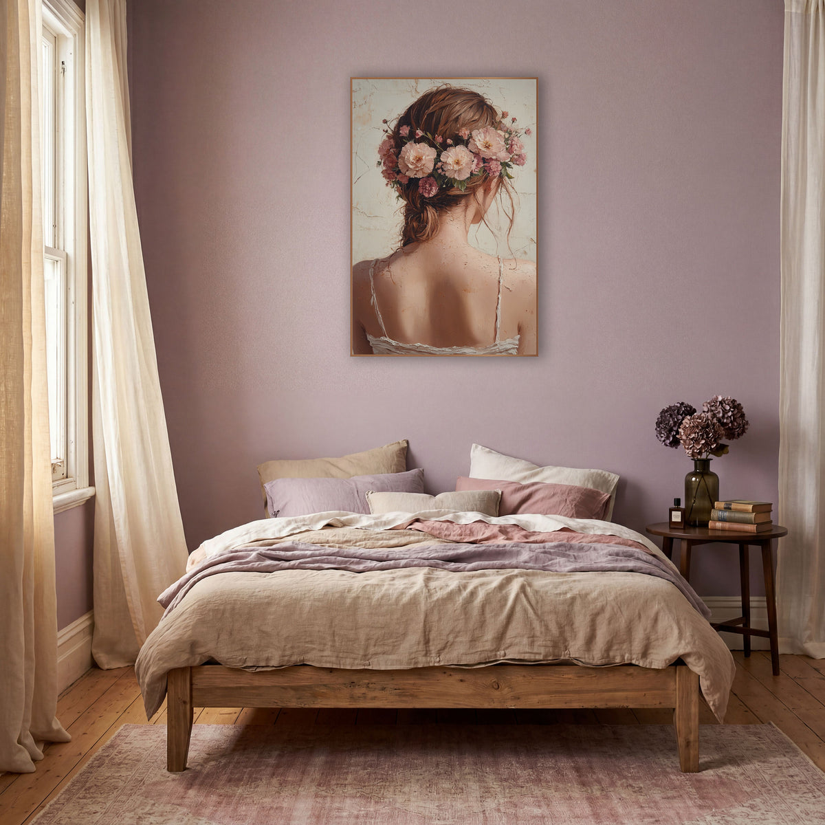 Woman With Blossom Crown Boho wall art in a warm boho-style room – woman seen from behind with pink and peach flowers