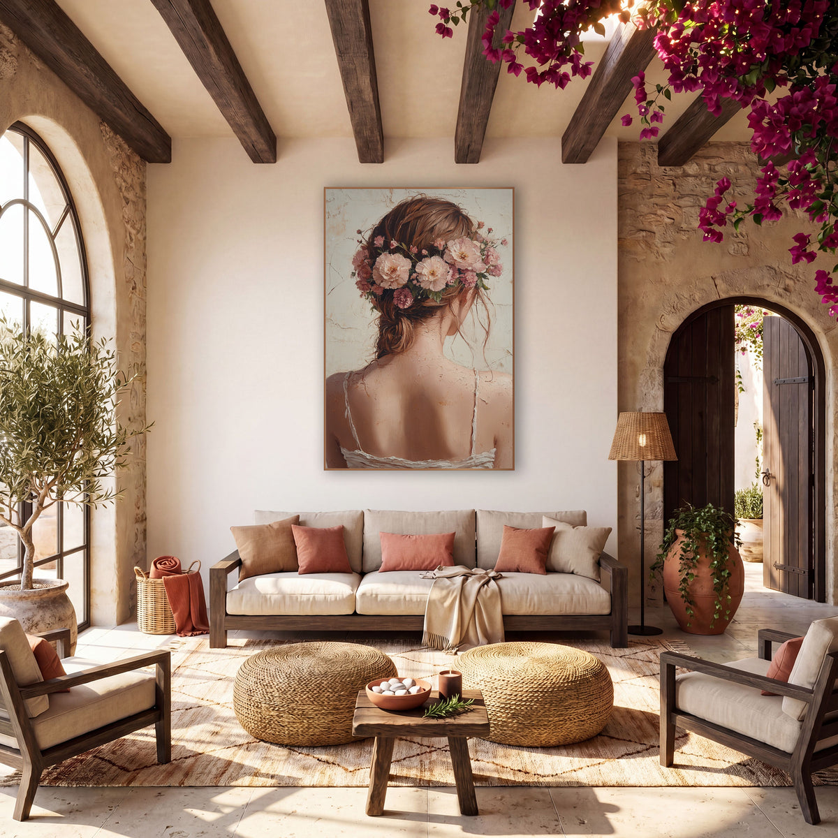 Woman With Blossom Crown Boho wall art in a warm boho-style room – woman seen from behind with pink and peach flowers