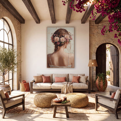 Woman With Blossom Crown Boho wall art in a warm boho-style room – woman seen from behind with pink and peach flowers