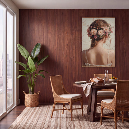 Woman With Blossom Crown Boho wall art in a warm boho-style room – woman seen from behind with pink and peach flowers