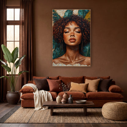 Serene Curly Hair Portrait Boho wall art in a warm boho-style room – woman with closed eyes and curly auburn hair