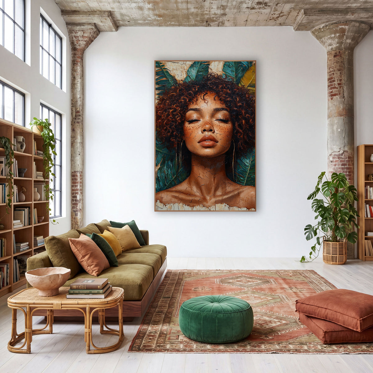 Serene Curly Hair Portrait Boho wall art in a warm boho-style room – woman with closed eyes and curly auburn hair