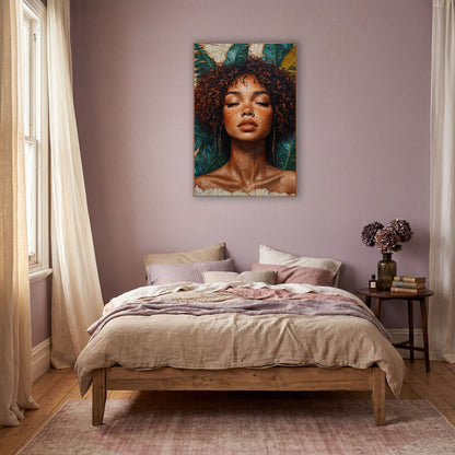 Serene Curly Hair Portrait Boho wall art in a warm boho-style room – woman with closed eyes and curly auburn hair