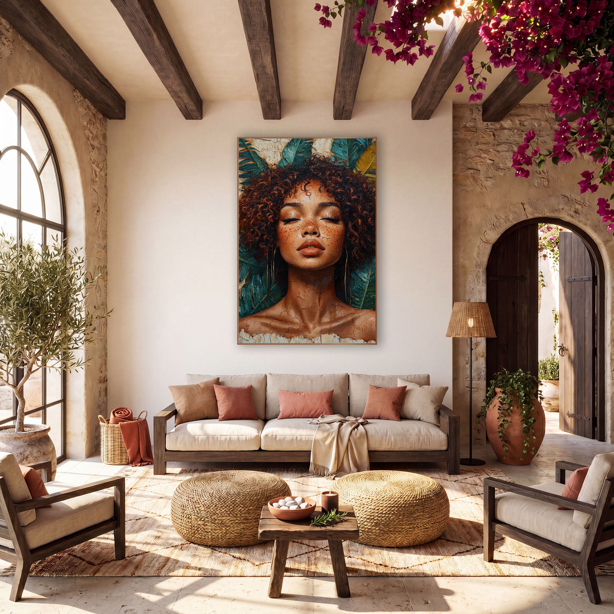 Serene Curly Hair Portrait Boho wall art in a warm boho-style room – woman with closed eyes and curly auburn hair