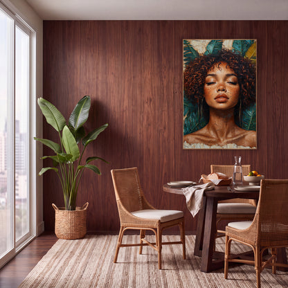 Serene Curly Hair Portrait Boho wall art in a warm boho-style room – woman with closed eyes and curly auburn hair