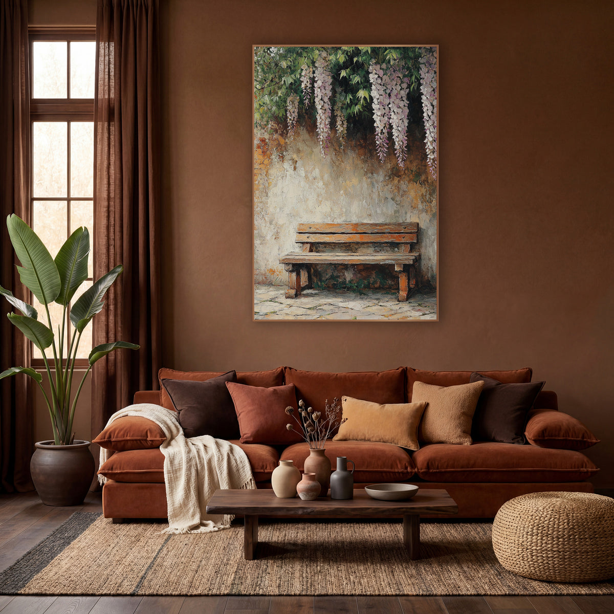 Wisteria Garden Bench Boho Decor wall art in a warm boho-style room – weathered wooden bench against a cream plaster