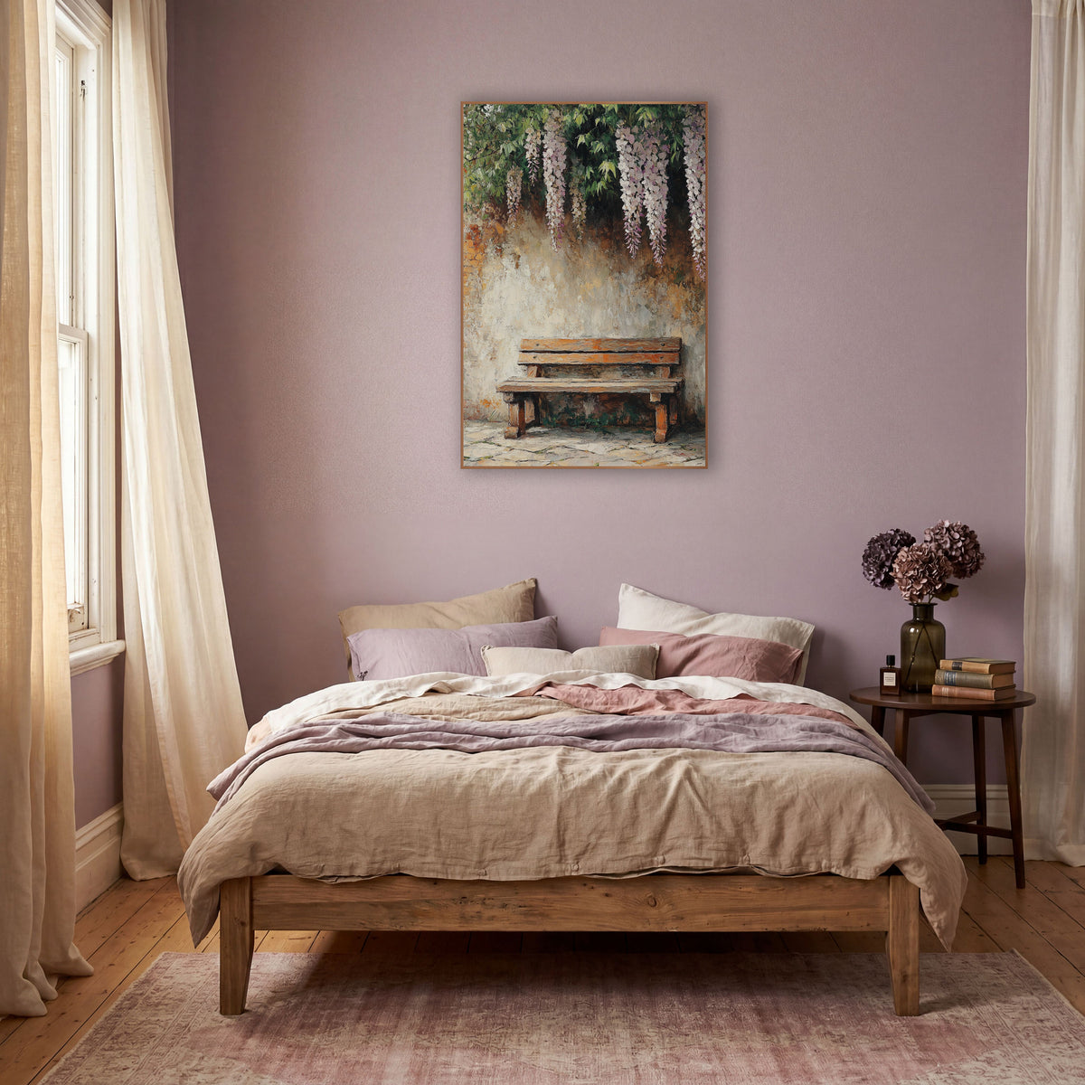 Wisteria Garden Bench Boho Decor wall art in a warm boho-style room – weathered wooden bench against a cream plaster