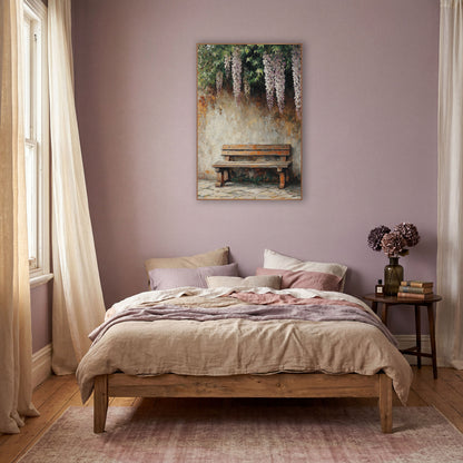 Wisteria Garden Bench Boho Decor wall art in a warm boho-style room – weathered wooden bench against a cream plaster