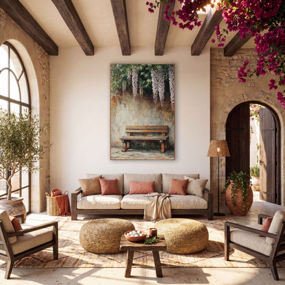 Wisteria Garden Bench Boho Decor wall art in a warm boho-style room – weathered wooden bench against a cream plaster