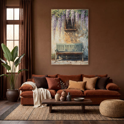 Wisteria Courtyard Bench Boho wall art in a warm boho-style room – weathered green wooden bench beneath hanging