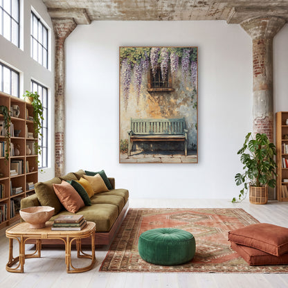 Wisteria Courtyard Bench Boho wall art in a warm boho-style room – weathered green wooden bench beneath hanging
