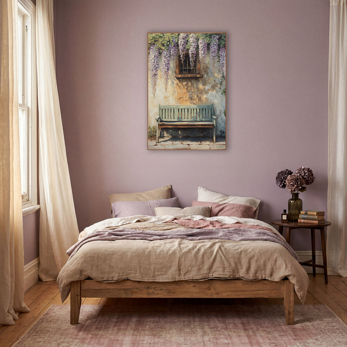Wisteria Courtyard Bench Boho wall art in a warm boho-style room – weathered green wooden bench beneath hanging