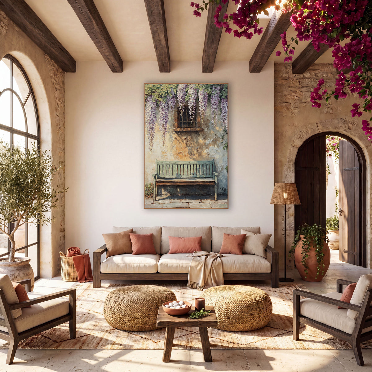 Wisteria Courtyard Bench Boho wall art in a warm boho-style room – weathered green wooden bench beneath hanging