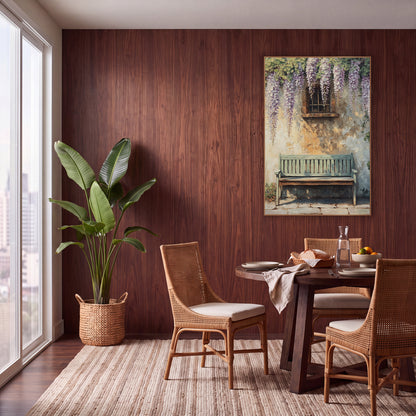 Wisteria Courtyard Bench Boho wall art in a warm boho-style room – weathered green wooden bench beneath hanging