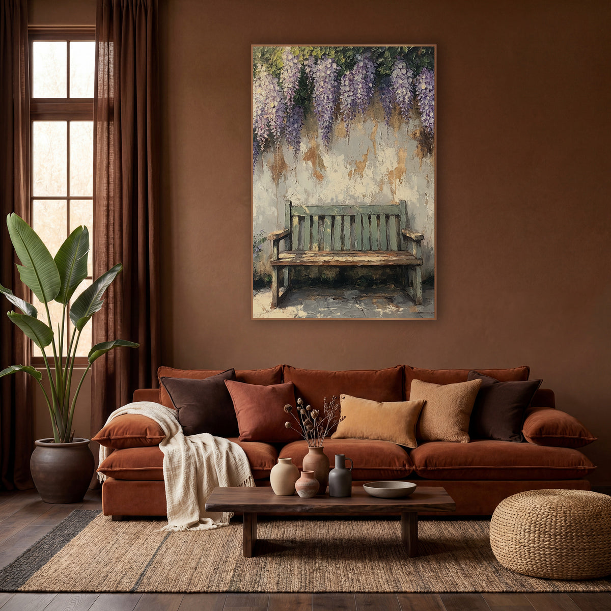 Wisteria Peeling Plaster Armrest Bench wall art in a warm boho-style room – weathered sage green garden bench