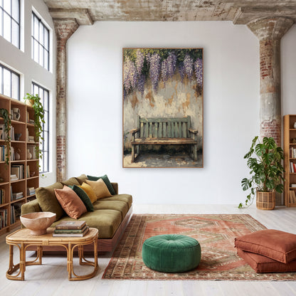Wisteria Peeling Plaster Armrest Bench wall art in a warm boho-style room – weathered sage green garden bench
