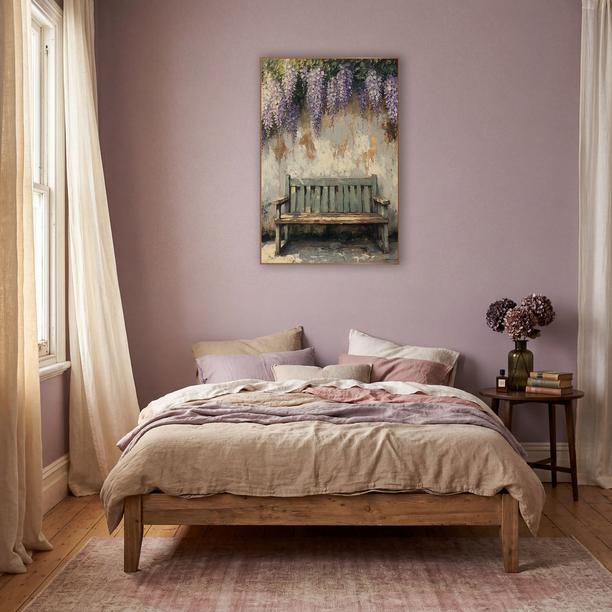 Wisteria Peeling Plaster Armrest Bench wall art in a warm boho-style room – weathered sage green garden bench