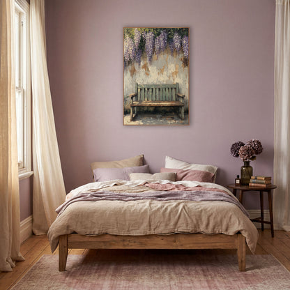 Wisteria Peeling Plaster Armrest Bench wall art in a warm boho-style room – weathered sage green garden bench