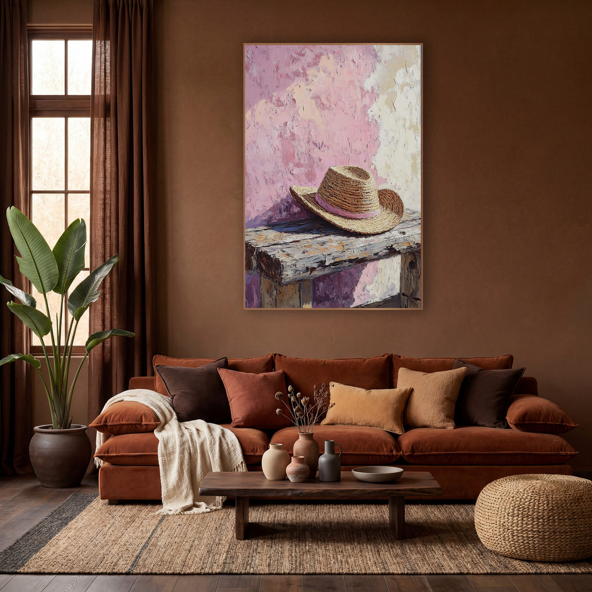 Pink Straw Hat Rustic Still Life wall art in a warm boho-style room – woven straw hat with a pink band on a worn
