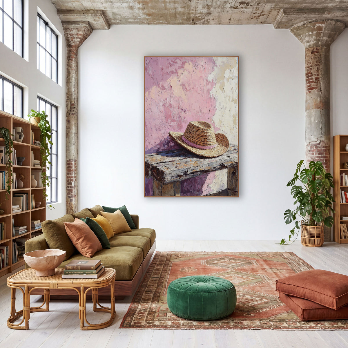 Pink Straw Hat Rustic Still Life wall art in a warm boho-style room – woven straw hat with a pink band on a worn