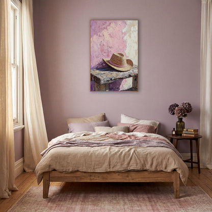 Pink Straw Hat Rustic Still Life wall art in a warm boho-style room – woven straw hat with a pink band on a worn