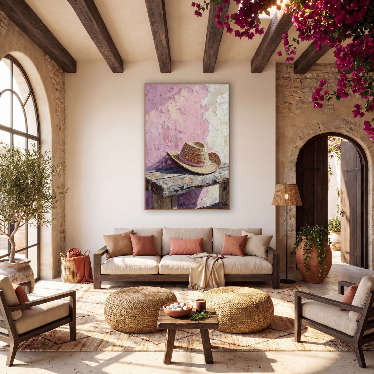Pink Straw Hat Rustic Still Life wall art in a warm boho-style room – woven straw hat with a pink band on a worn