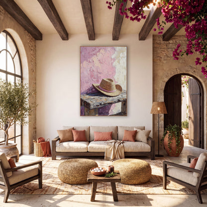 Pink Straw Hat Rustic Still Life wall art in a warm boho-style room – woven straw hat with a pink band on a worn