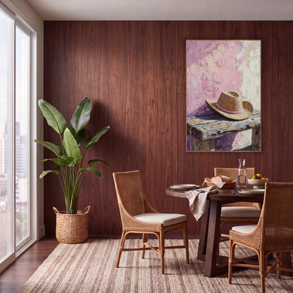 Pink Straw Hat Rustic Still Life wall art in a warm boho-style room – woven straw hat with a pink band on a worn