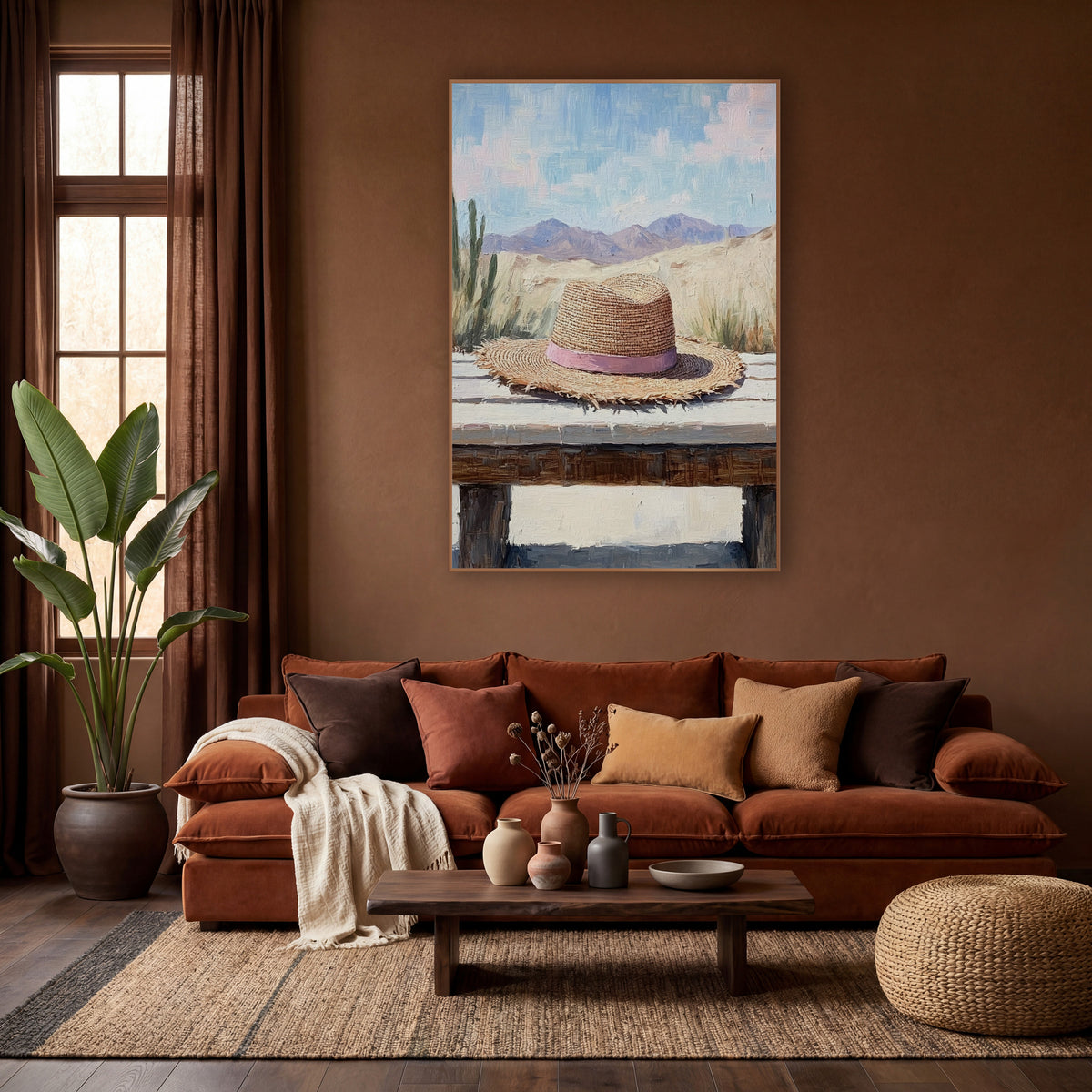 Pink Banded Straw Hat Desert Boho wall art in a warm boho-style room – straw hat with pink band on a wooden bench