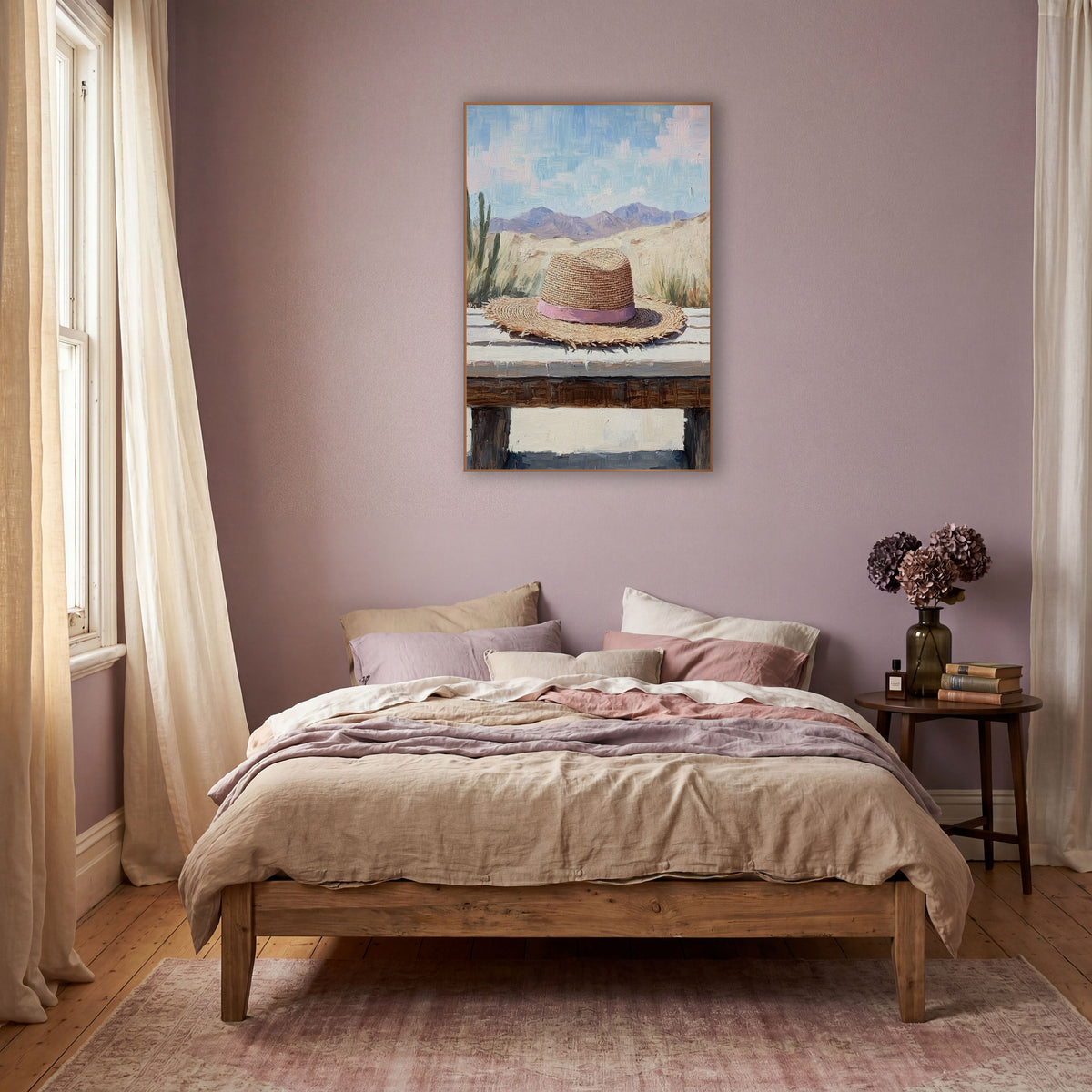 Pink Banded Straw Hat Desert Boho wall art in a warm boho-style room – straw hat with pink band on a wooden bench