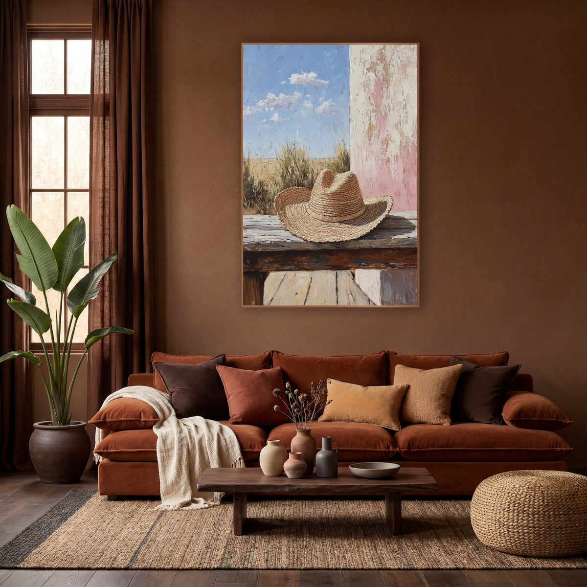 Straw Hat Rustic Prairie Boho wall art in a warm boho-style room – woven straw hat on a weathered wooden bench
