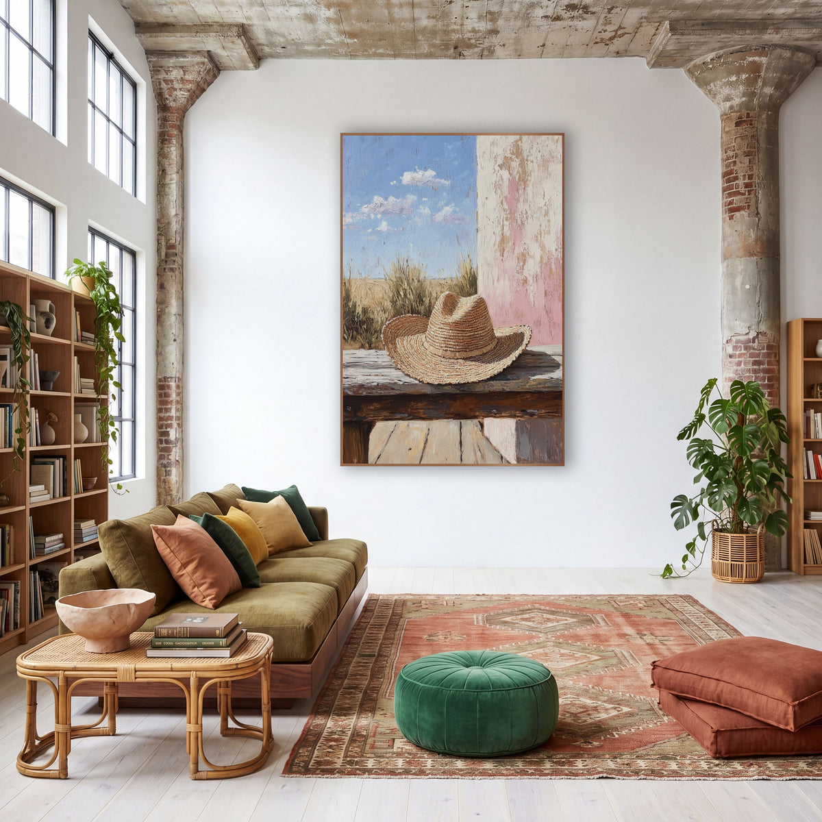 Straw Hat Rustic Prairie Boho wall art in a warm boho-style room – woven straw hat on a weathered wooden bench