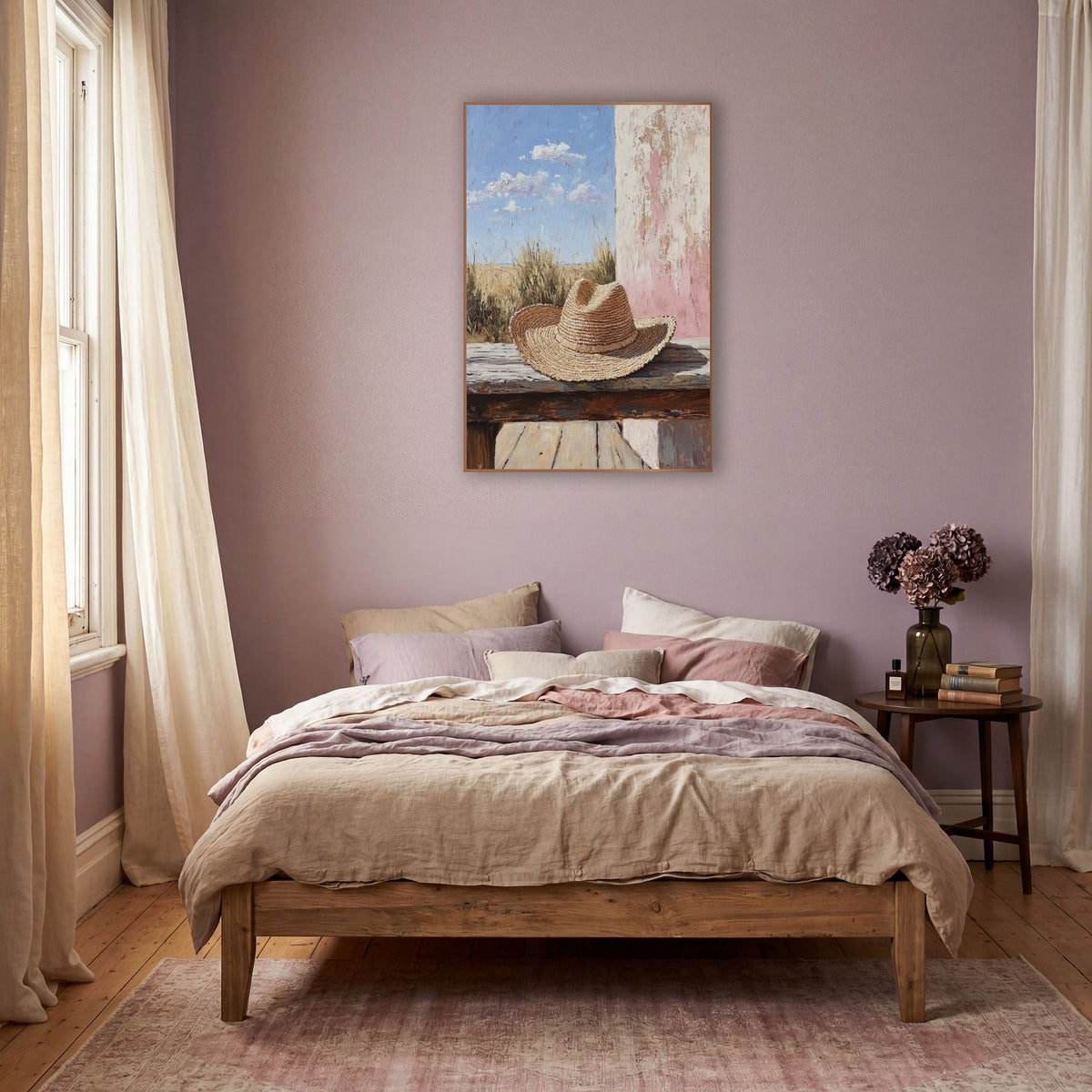 Straw Hat Rustic Prairie Boho wall art in a warm boho-style room – woven straw hat on a weathered wooden bench