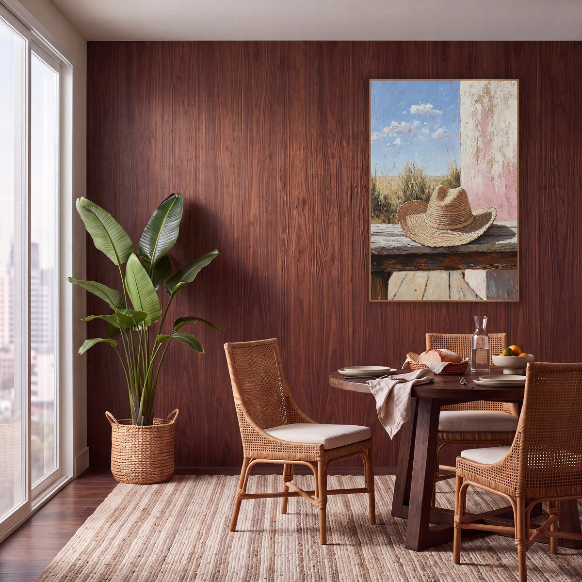 Straw Hat Rustic Prairie Boho wall art in a warm boho-style room – woven straw hat on a weathered wooden bench