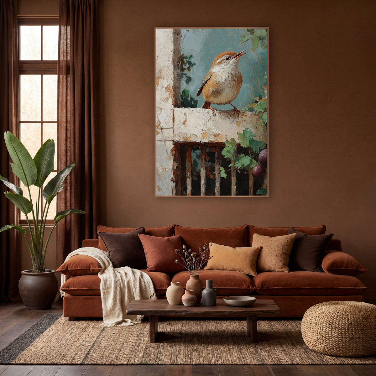Singing Wren Rustic Garden Boho wall art in a warm boho-style room – small wren with open beak perched on a chipped