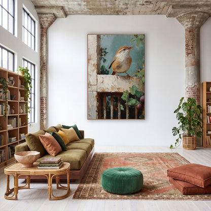 Singing Wren Rustic Garden Boho wall art in a warm boho-style room – small wren with open beak perched on a chipped