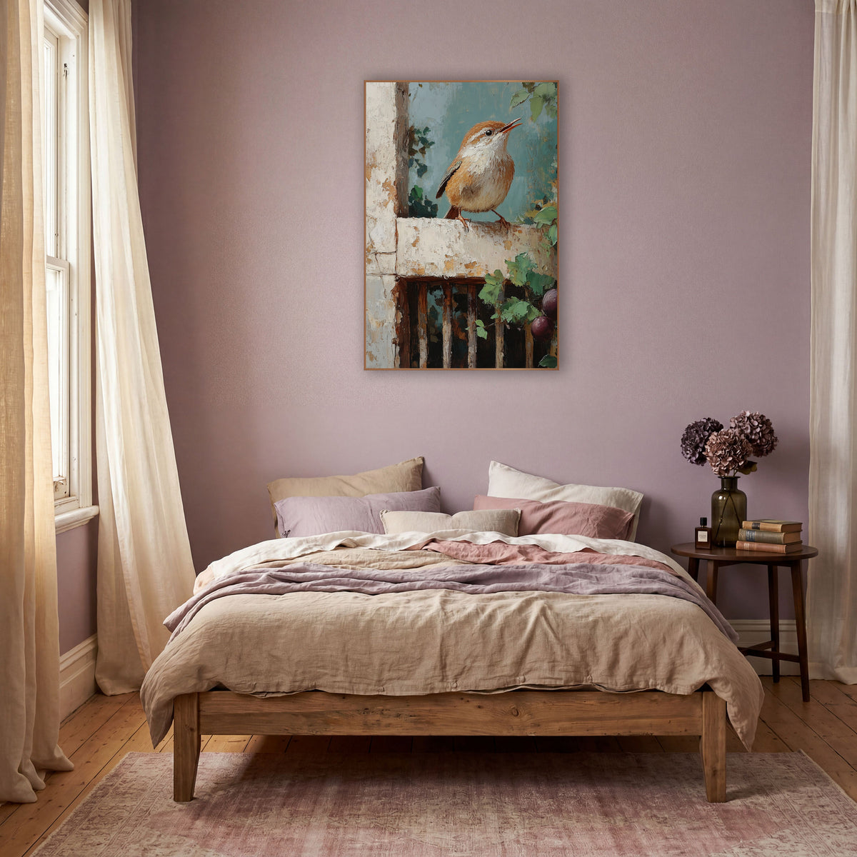 Singing Wren Rustic Garden Boho wall art in a warm boho-style room – small wren with open beak perched on a chipped