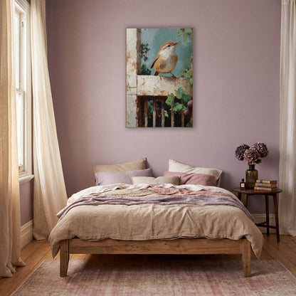 Singing Wren Rustic Garden Boho wall art in a warm boho-style room – small wren with open beak perched on a chipped