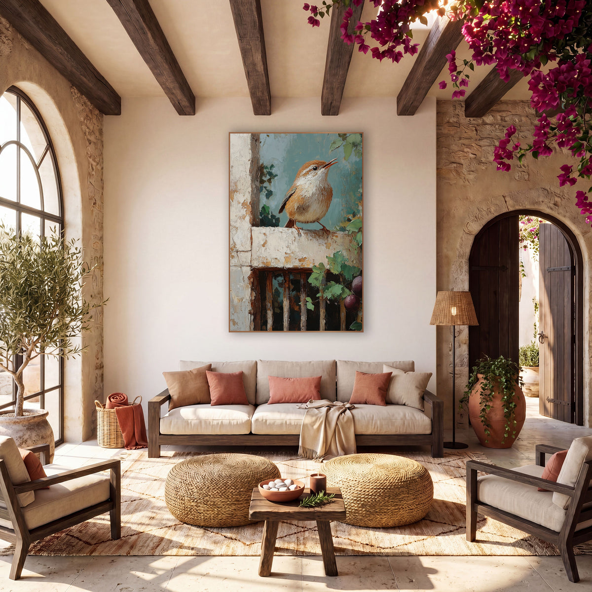 Singing Wren Rustic Garden Boho wall art in a warm boho-style room – small wren with open beak perched on a chipped