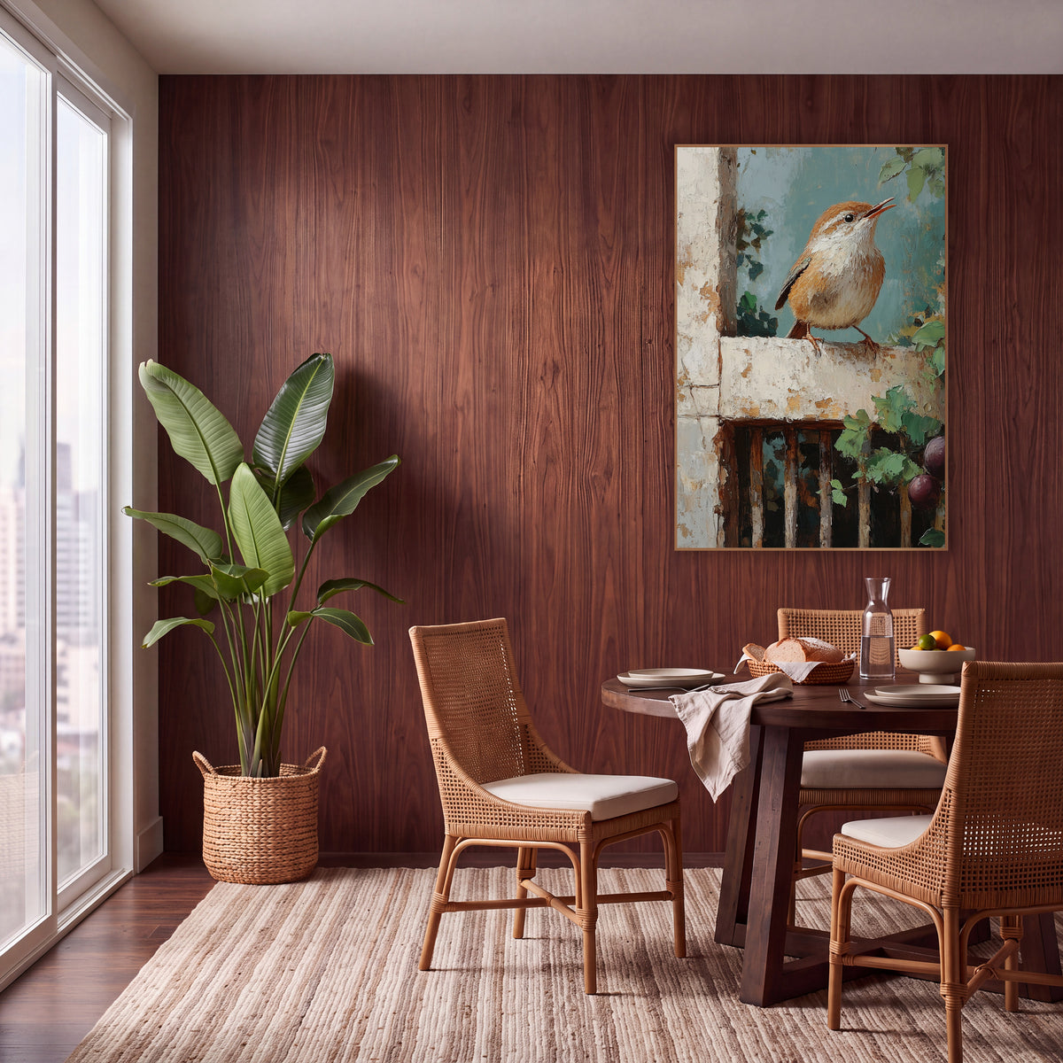 Singing Wren Rustic Garden Boho wall art in a warm boho-style room – small wren with open beak perched on a chipped
