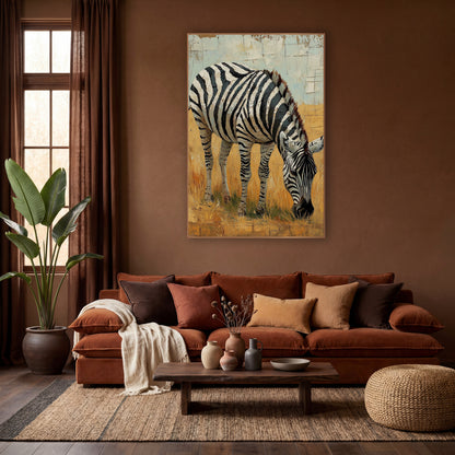 Zebra Cracked Skyline Painterly wall art in a warm boho-style room – zebra with bold black and white stripes grazing