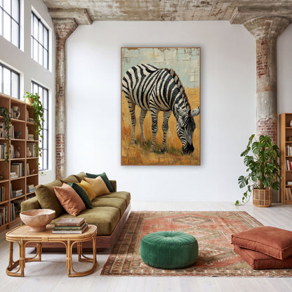 Zebra Cracked Skyline Painterly wall art in a warm boho-style room – zebra with bold black and white stripes grazing