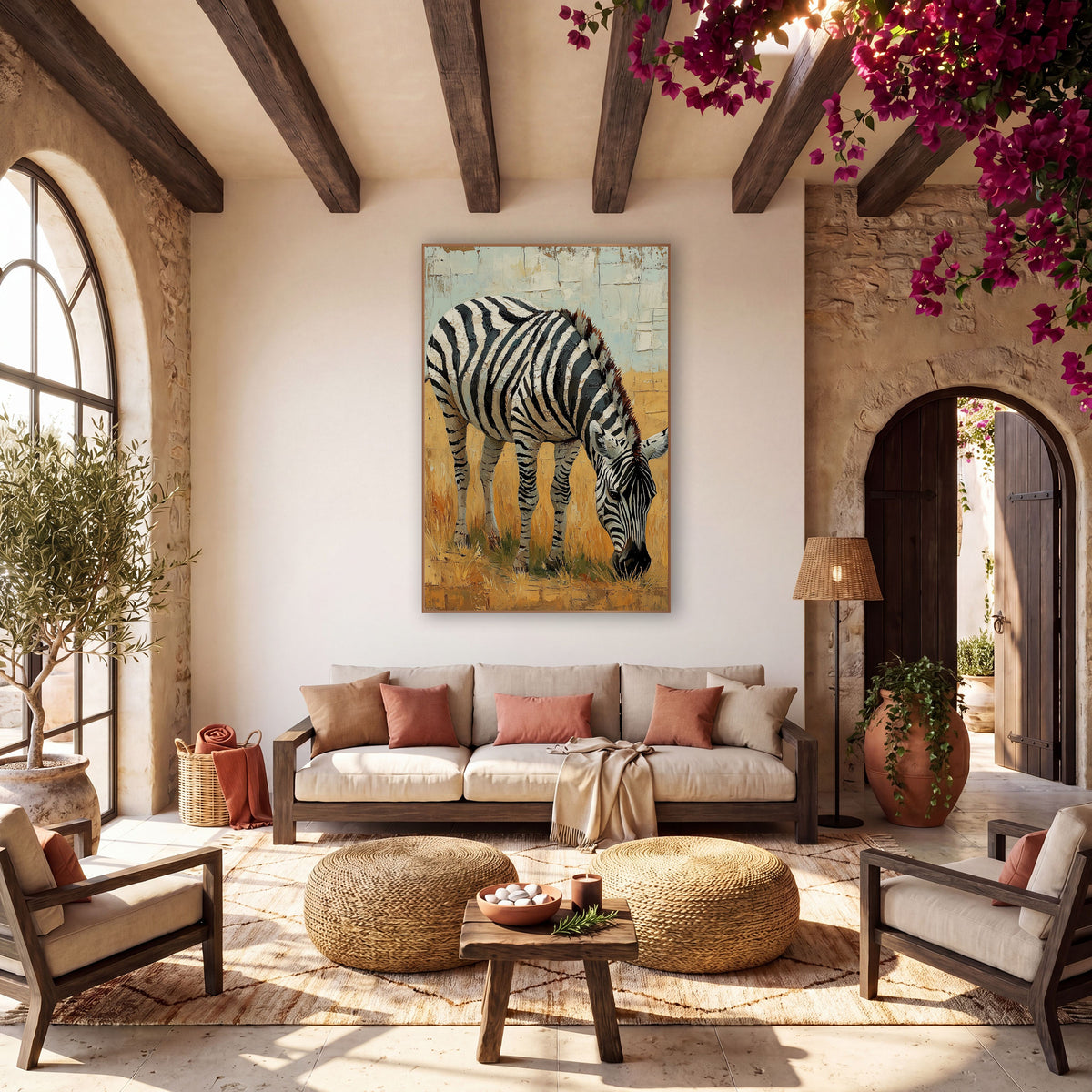 Zebra Cracked Skyline Painterly wall art in a warm boho-style room – zebra with bold black and white stripes grazing