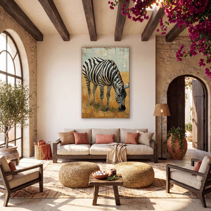 Zebra Cracked Skyline Painterly wall art in a warm boho-style room – zebra with bold black and white stripes grazing