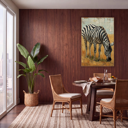 Zebra Cracked Skyline Painterly wall art in a warm boho-style room – zebra with bold black and white stripes grazing