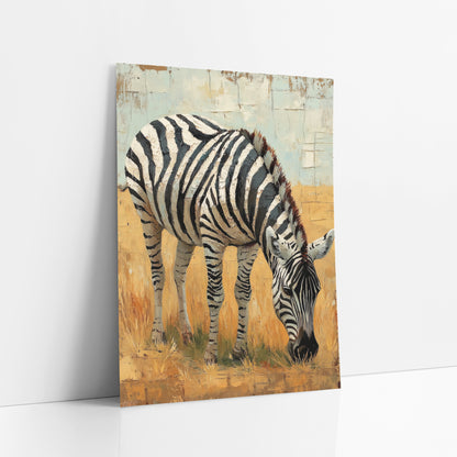 Zebra Cracked Skyline Painterly art print leaning against a white wall – zebra with bold black and white stripes grazing
