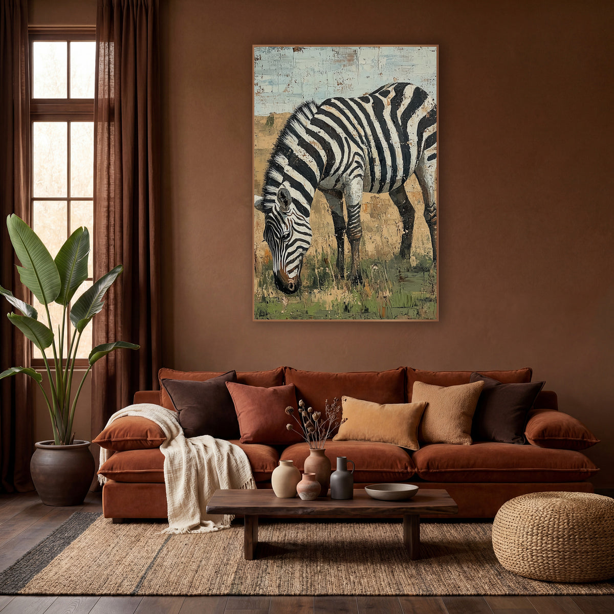 Grazing Zebra Savanna Boho wall art in a warm boho-style room – zebra with bold black and white stripes grazing in dry
