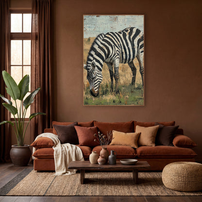 Grazing Zebra Savanna Boho wall art in a warm boho-style room – zebra with bold black and white stripes grazing in dry