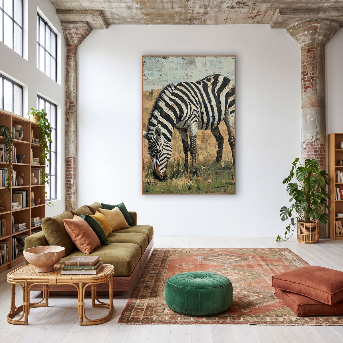 Grazing Zebra Savanna Boho wall art in a warm boho-style room – zebra with bold black and white stripes grazing in dry